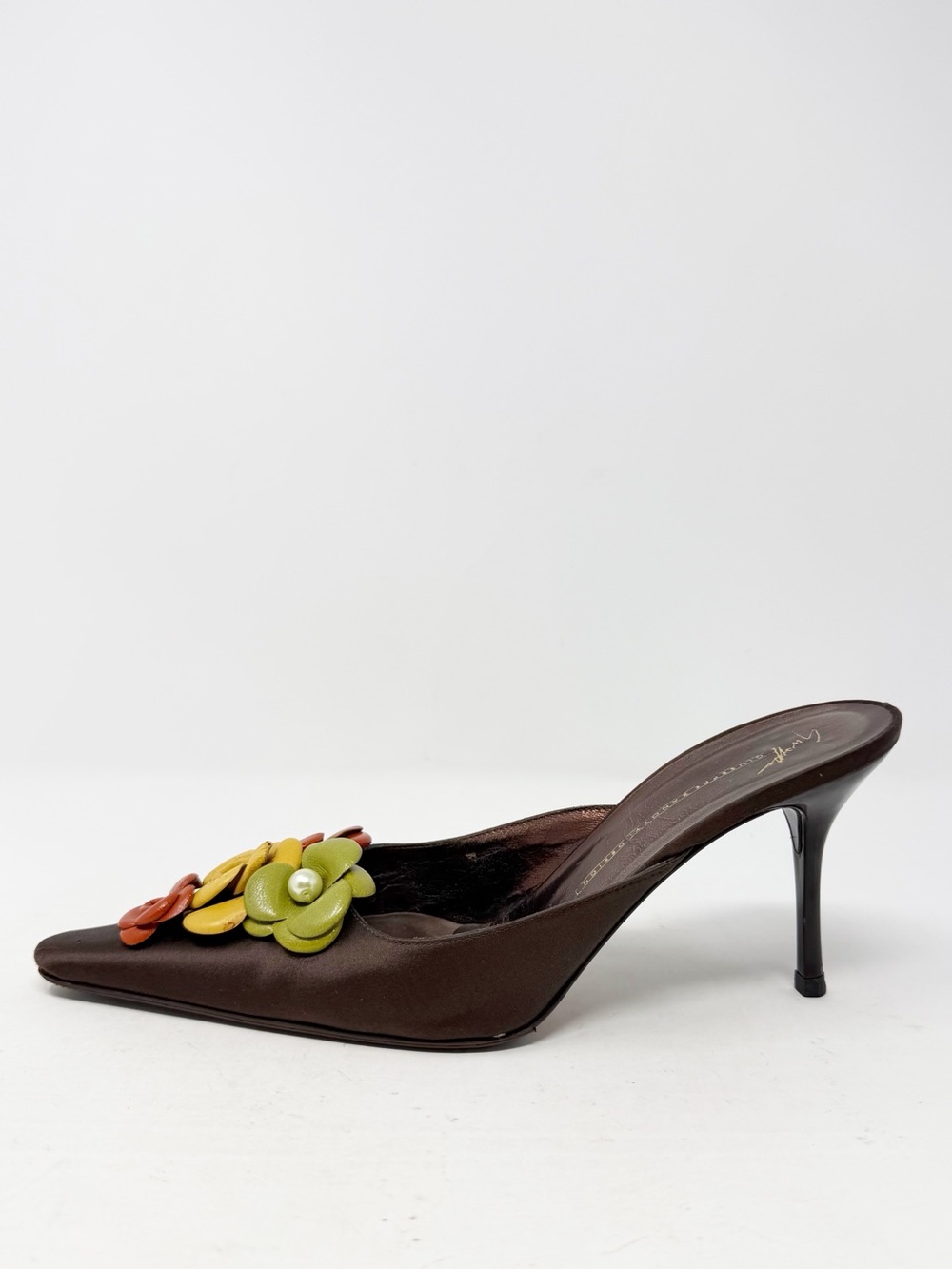Giuseppe Zanotti Floral Mule Heels Brown Satin Pointed Toe Womens Size EU 39 - Picture 8 of 10